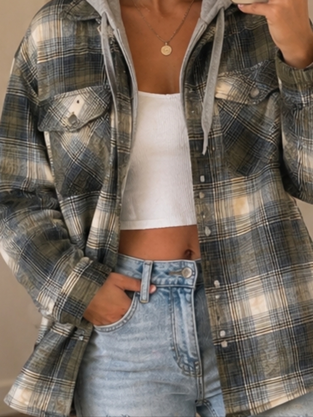 Natural Reflections Gray Hooded Sherpa-Lined Jacket with Plaid Trim